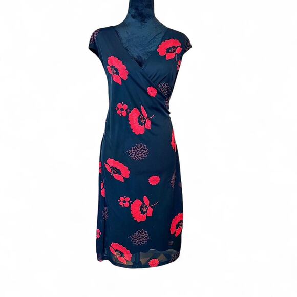 FLP Faith Love & Passion Black Red Floral Ruched Midi Dress L - Picture 2 of 8
